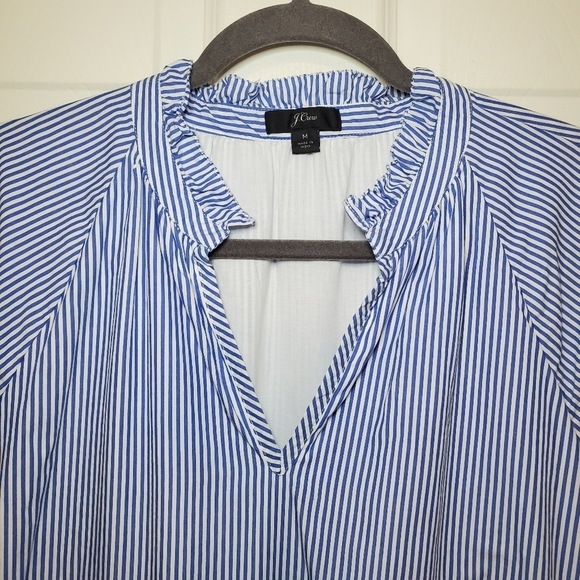 J.crew Tiered Popover In Blue Striped Cotton Notched V-neck Dress M - Picture 4 of 14